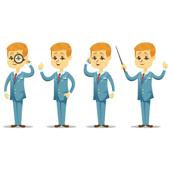 Vector illustration - funny cartoon guy with glasses in various poses handsome young businessman — Stock Vector