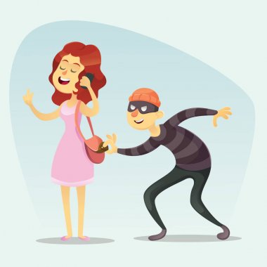 Vektör çizim - komik komik bir çanta kadın bahtsız kız üzerinden sohbet üzerinde hırsız çaldı telefon karakter simgesi karikatür tasarım şablonu