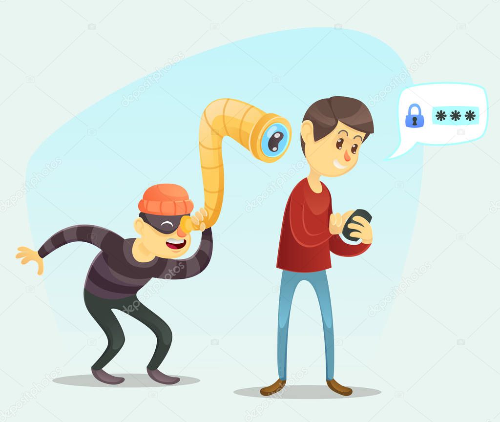 Vector illustration - funny cartoon comic masked man thief spying data from smartphone of teenager adult man guy