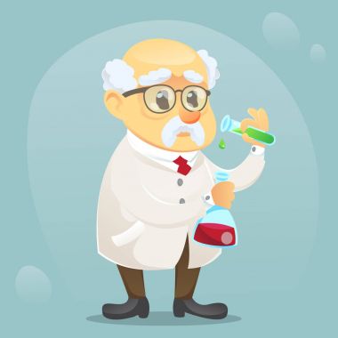 vektör çizgi film illüstrasyon eski komik bilim adamı karakter giyen gözlük ve laboratuvar ceket