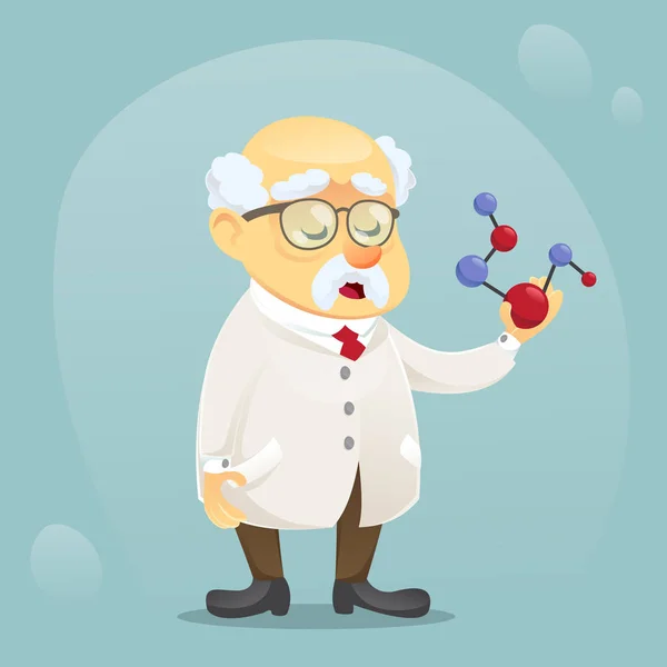 Vektor tecknad illustration gamla roliga vetenskapsman karaktär bär glasögon och lab päls — Stock vektor