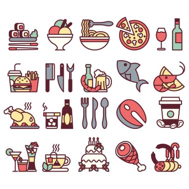 Düz simgeler ve yiyecek ve içecekler restaurant için veya ticari ile öğeleri kümesi. renkli ve çizgi ile