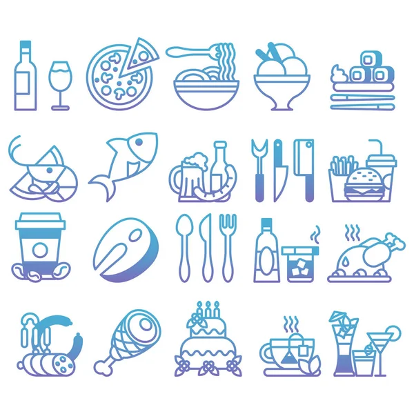 Línea de gradiente vectorial Conjunto de iconos planos y elementos sobre alimentos y bebidas — Vector de stock