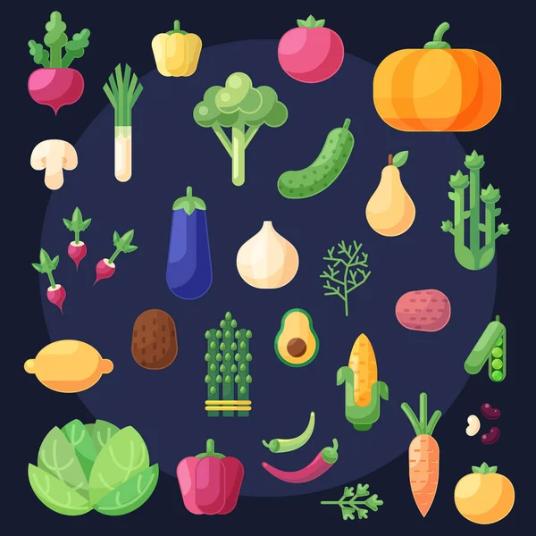 Набір плоских барвистих іконок та елементів з овочами та фруктами — стоковий вектор