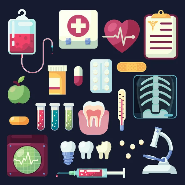 Ensemble d'icônes plates colorées et d'éléments avec des objets médicaux et de santé dentaires — Image vectorielle