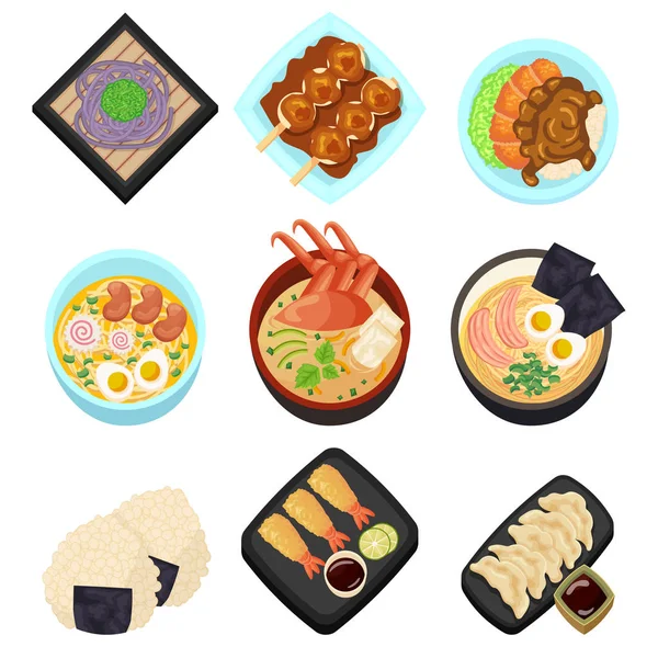 Japón comida sabroso icono de dibujos animados asiático menú restaurante Vista superior vector ilustración — Vector de stock