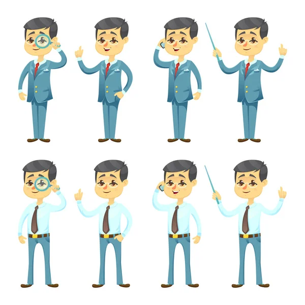 Ilustración vectorial divertido tipo de dibujos animados con gafas en varias poses joven hombre de negocios guapo — Vector de stock