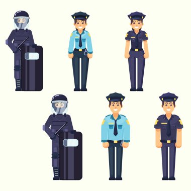 Vektör - polis, polis, Özel Kuvvetler asker düz stil Tekdüzen vektör subay çalışan şirin mutlu polis erkek ve kadın ajanlar