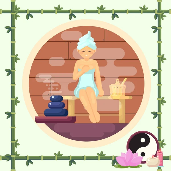 Vrouw in het sauna stoom platte vector illustratie kleurrijke concept — Stockvector