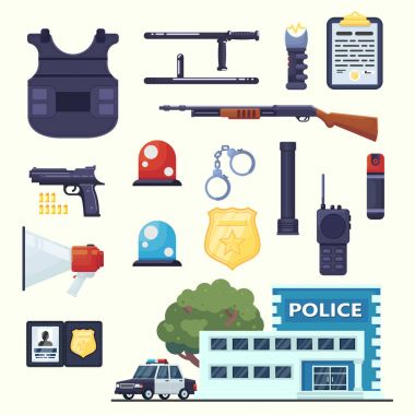 Polis profesyonel ekipman ayarla. Kelepçe, kurşun geçirmez yelek, electroshocker, COP, rozet, silah, istasyonu, araba ve diğer öğe. düz vektör set
