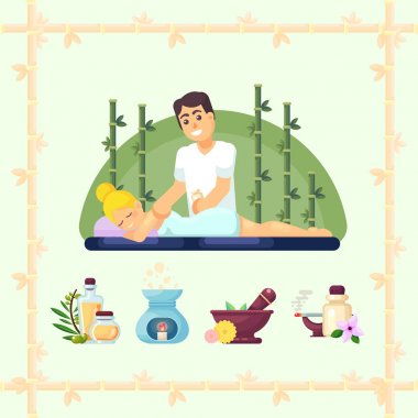 Masaj Odası spa. Masöz kozmetik prosedürler kız yapar. Vektör çizim düz