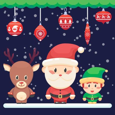 Süslü yılbaşı yeni yıl kartı. Sevimli Noel Baba ve küçük komik elf geyik kırmızı renkli vektör çizim düz tarzında burun