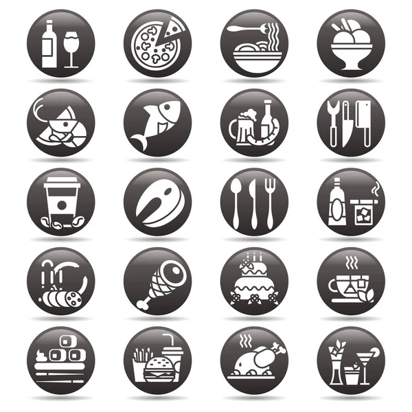Vector blanco sobre botón círculo negro Conjunto de iconos planos y elementos sobre comida y bebida para cocina menú restaurante web — Vector de stock