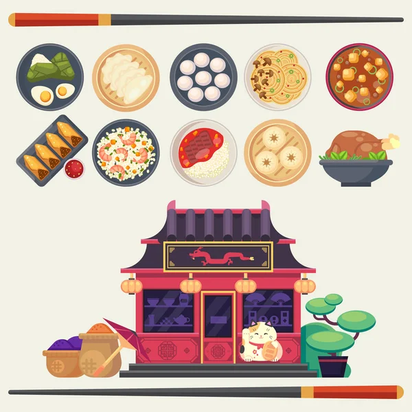 Ilustración colorida vectorial en estilo plano con diferentes tipos de cocina asiáticapara el menú y la tienda de comida tradicional china — Vector de stock