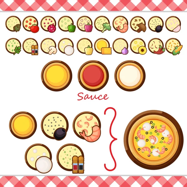 Vector - Pizza constructor iconos planos aislados sobre fondo blanco. ingrediente alimento menú ilustración colección aislada. Diferente hacer su propio — Vector de stock