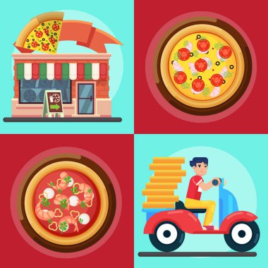 AST teslimatçı ve pizza düz tarzı Pizza Dükkanı pizzacı fast food menü illüstrasyon renkli resimde vektör
