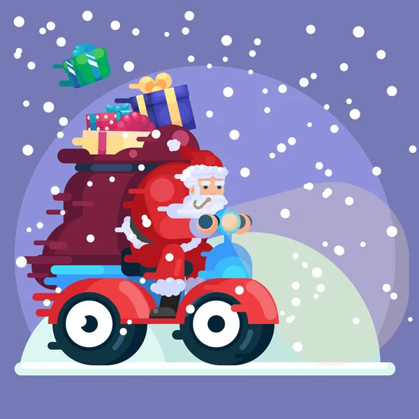 Άγιος Βασίλης με δώρα για σκούτερ νέο έτος Χριστούγεννα νύχτα πολύχρωμο εικονογράφηση διάνυσμα κινουμένων σχεδίων σε επίπεδη στυλ — Διανυσματικό Αρχείο