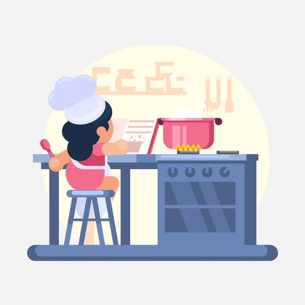 Happy little funny Girl Cook chef aiuta a cucinare in cucina studia un libro di cucina Illustrazione colorata vettoriale in stile piatto immagine — Vettoriale Stock