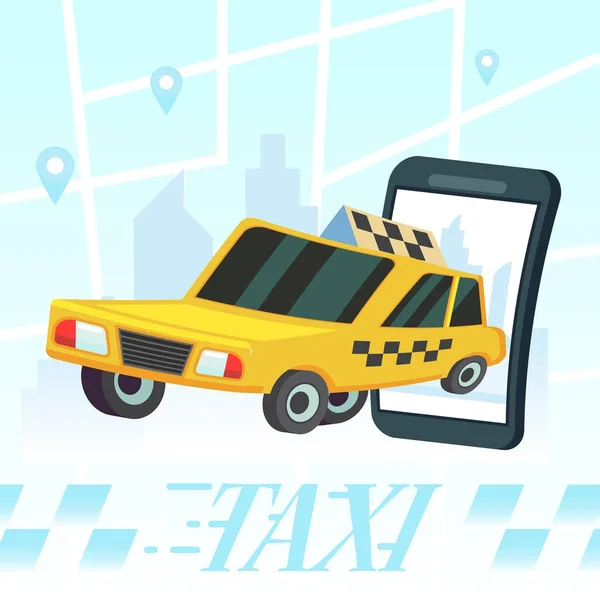 Mobiele automatische toepassing. Transport service, positie pin op kaart. Kleurrijke vectorillustratie in vlakke stijl afbeelding stad taxi design plat. Yellow cab rijden in de stad. — Stockvector