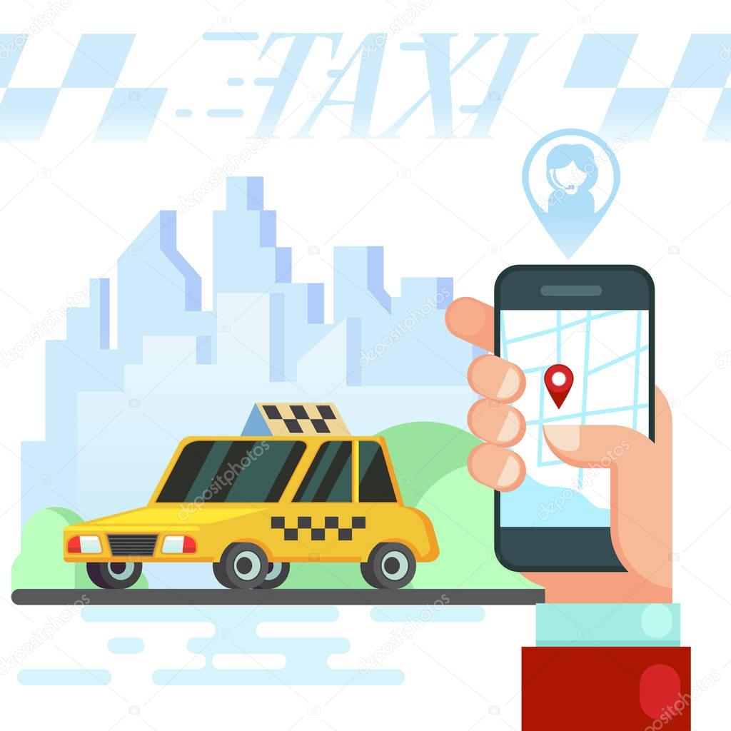 Mobile auto application. Transport service, position pin on map. Vector colorful illustration in flat style image City taxi design flat. Yellow cab drive in town.