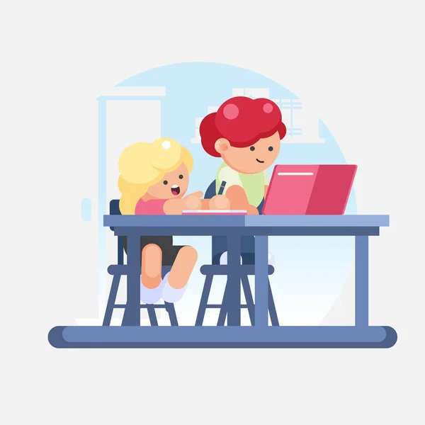 Little girl schoolgirl and boy schoolboy doing homework. Children workplace for study. Vector colorful illustration in flat style image — Stock Vector