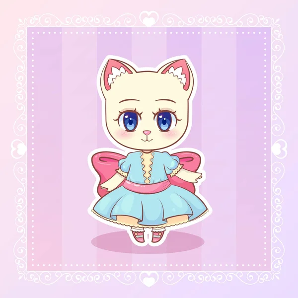 Kucing manis Kucing kecil kucing lucu kawaii anime Gadis kartun berpakaian merah muda dengan pita . - Stok Vektor