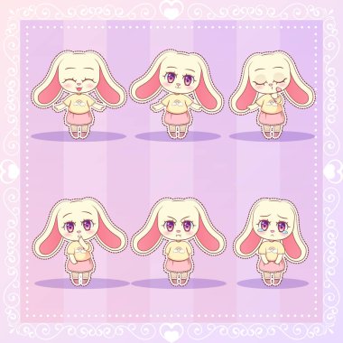 Tatlı Kitty küçük şirin kawaii anime çizgi film bunny tavşan kız elbise uzun kabarık kulaklar farklı duygular maskot çıkartması mutlu, üzgün, kızgın, gülümseme, öpücük, çocukları çok seviyorum karakter