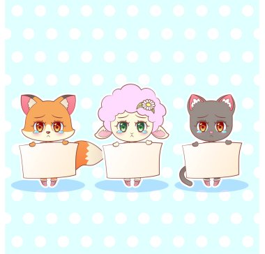 Tatlı kedicik küçük şirin kawaii anime çizgi film üzgün üzgün ağlamaya gözyaşı tilki, kedi, yavru kedi, kuzu kız elbise karakter, metin çocuk karakter renkli vektör bir işaret ile mesaj bayrak tutan