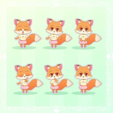 Tatlı kedicik küçük şirin kawaii anime çizgi film tilki kız elbise farklı duygular maskot etiket mutlu, üzgün, kızgın, gülümseme, öpücük, çocukları çok seviyorum renkli vektör karakter.