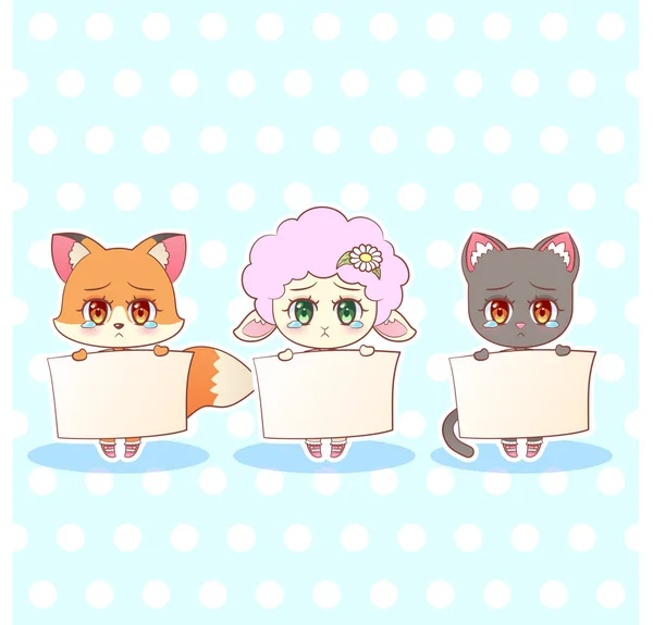 Sweet Kitty malé roztomilé kawaii anime kreslený smutný líto cry slza fox, kočka, kotě, jehněčí dívka v šatech postava drží ceduli s transparentem, zpráva text děti charakter barevné vektorové — Stockový vektor