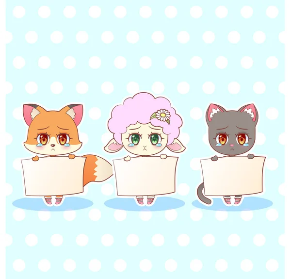 Doce Kitty Pouco bonito anime kawaii desenhos animados triste desculpe chorar rasgar raposa, gato, gatinho, cordeiro menina no vestido personagem segurando um sinal com mensagem banner seu texto Crianças personagem colorido vetor — Vetor de Stock