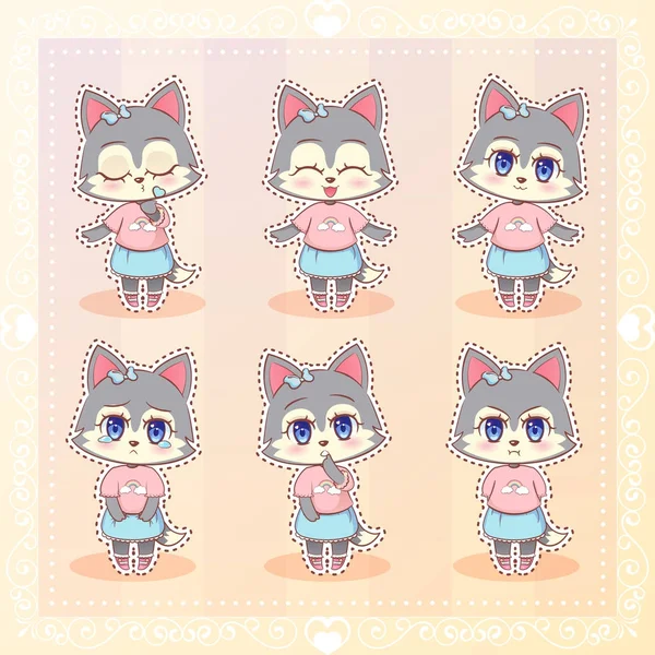 Sweet Kitty Little cute kawaii anime kartun Husky dog wolf girl in dress with long fluffy ear different emosion mascot sticker Happy, sad, marah, smile, kiss, love Children character - Stok Vektor