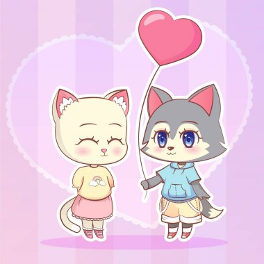 Tatlı küçük şirin kawaii anime kedi ve köpek yavrusu Kurt köpek köpek yavrusu çocuk çizgi film, bir kalp şeklinde pembe balon kızla kedicik. Sevgililer günü kartı. Sevgi ve dostluk çocuk karakter