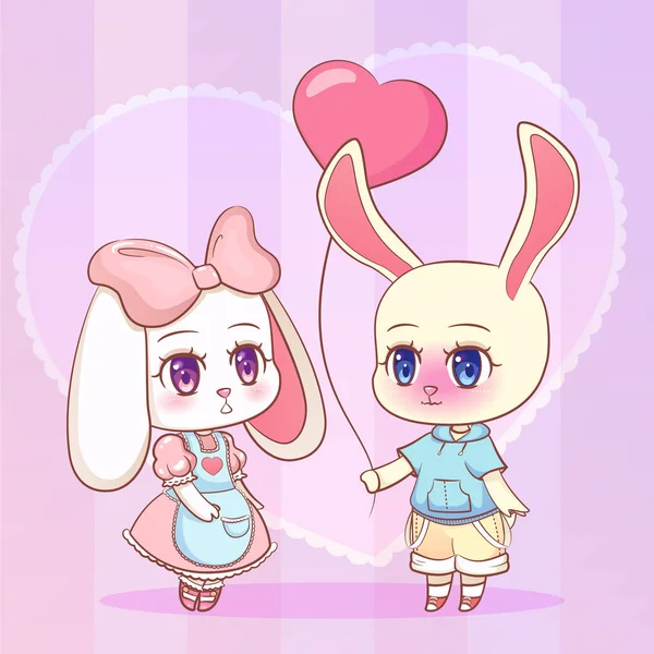Sweet Little cute kawaii kartun anime Puppy kelinci anak laki-laki dan perempuan dengan balon merah muda dalam bentuk hati. Kartu untuk Hari Valentine. Cinta dan persahabatan Karakter anak - Stok Vektor