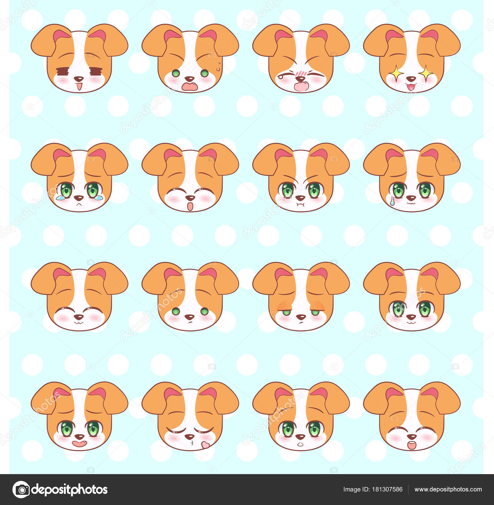 Emoticon emoji insieme di smiley colorato Sweet Kitty kawaii cute anime cartoon cagnolino