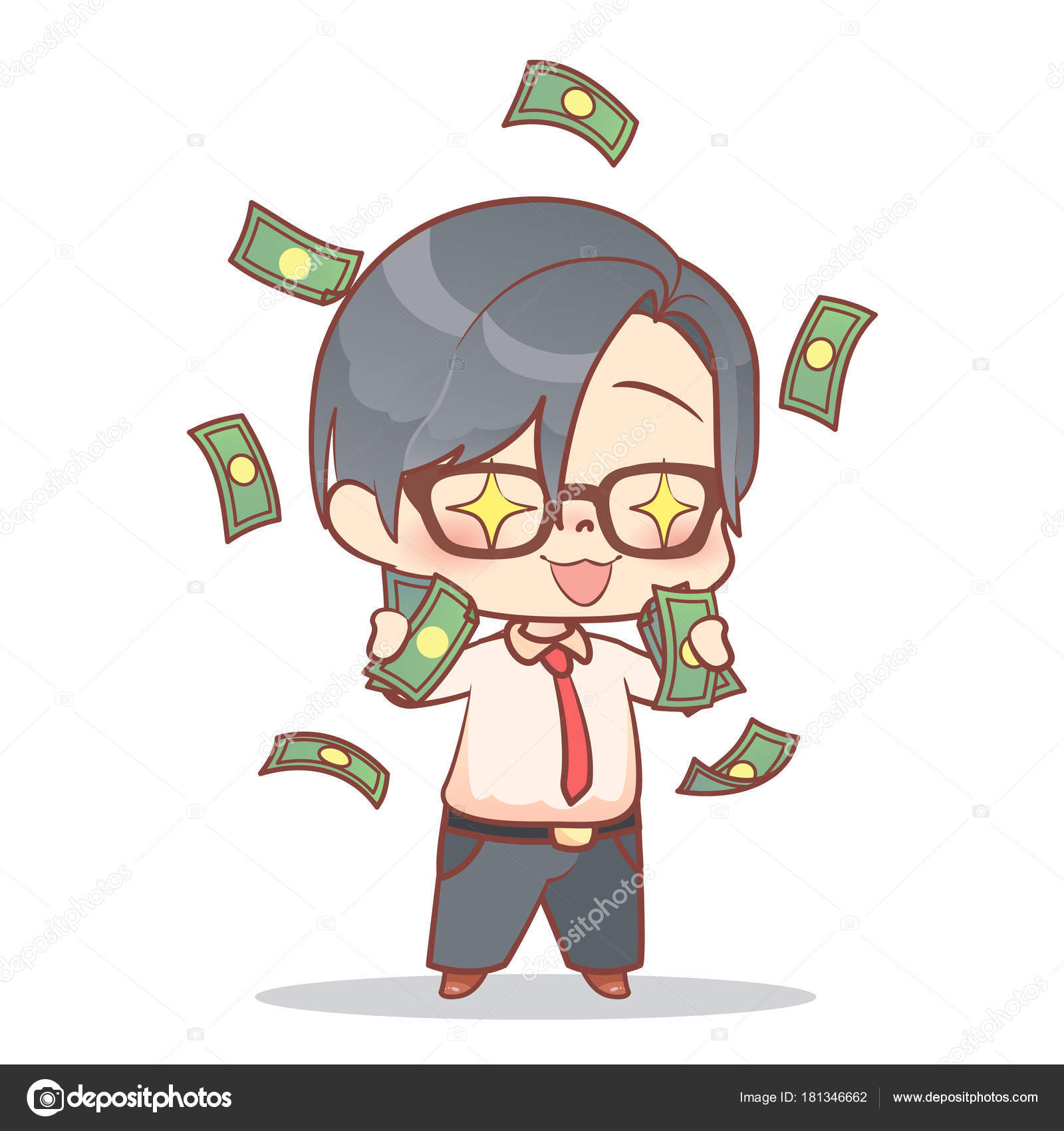 ビジネスマンは雨のかわいい男の子はお金を稼ぐ 子供たちの貯蓄と金融