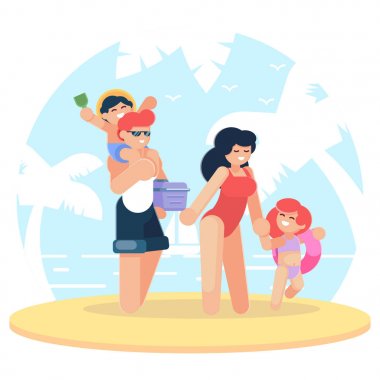 Plajda mutlu bir aile. Plajda eğlenmek aile. Seyahat. Birlikte yolculuk. Anne, baba, oğlu ve kızı tatil. Düz tasarım stili. Okyanus seyahat halklar vektör çizim