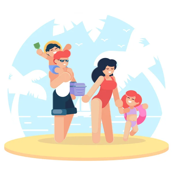 해변에서 행복 한 가족입니다. 가족 해변에서 재미입니다. 여행. 함께 여행입니다. 엄마, 아빠, 아들 및 딸이 휴가 평면 디자인 스타일입니다. 벡터 일러스트 레이 션의 바다 여행 — 스톡 벡터