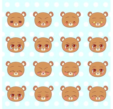 İfadeler, emoji, gülen yüz ayarı, renkli tatlı Kitty küçük şirin kawaii anime çizgi film ayı yavrusu farklı duygular maskot etiket mutlu, üzgün, kızgın, gülümseme, öpücük, çocukları çok seviyorum karakter renkli vektör. 