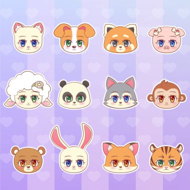 Kaplan, maymun, ayı, panda, kırmızı, koyun, köpek, köpek, kedi, yavru kedi, kuzu, domuz, kurt, tilki, tavşan etiket kümesi, renkli tatlı küçük şirin kawaii anime çizgi film karakteri maskot çocuk evde beslenen hayvan renkli vektör