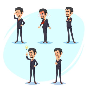 karikatür çeşitli pozlar iş yakışıklı bir genç işadamı renkli vektör çizim adam karakter tasarımı. Düşünmek, fikir, yorgun, kızgın, kendinden emin çalışan patron Yöneticisi
