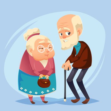 Üst düzey hanımefendi ve beyefendi mutlu eski yaş yaşlı çift gümüş saçlı. Büyükanne ve büyükbaba Dede, Nine yaşlı aile düz stil vektör karikatür çizim