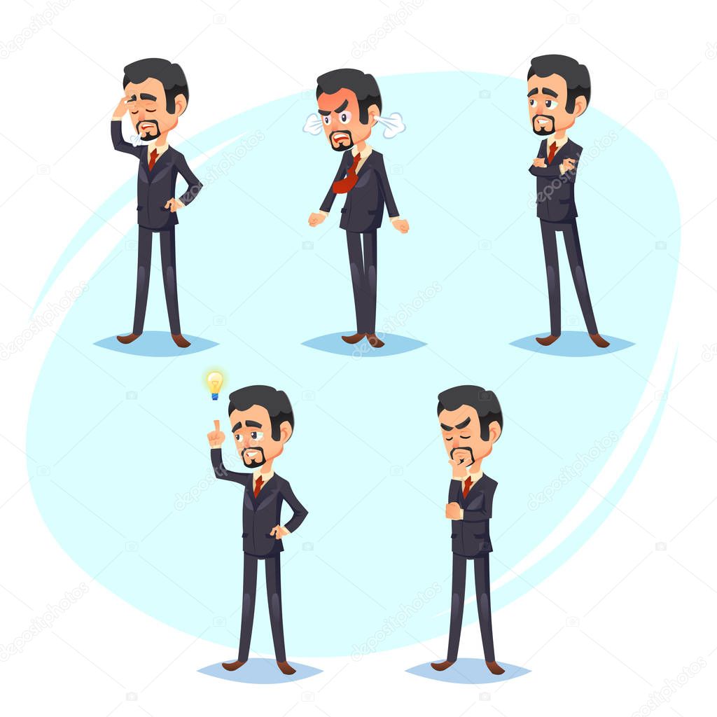 cartoon colorful vector illustration of a handsome young businessman in various poses Business man character design. Think, idea, tired, angry, confident worker boss manager