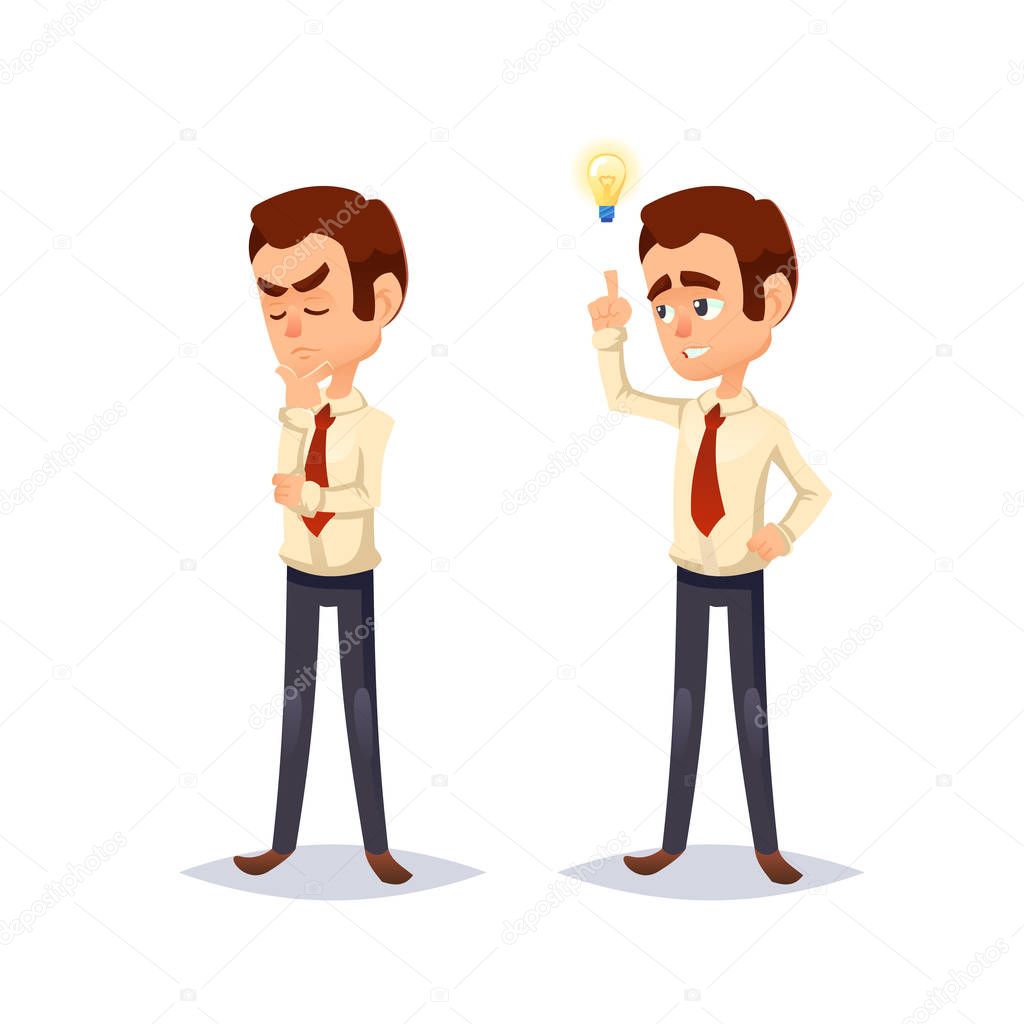 cartoon colorful vector illustration of a handsome young businessman Business man character design. Thinking have idea plan worker boss manager