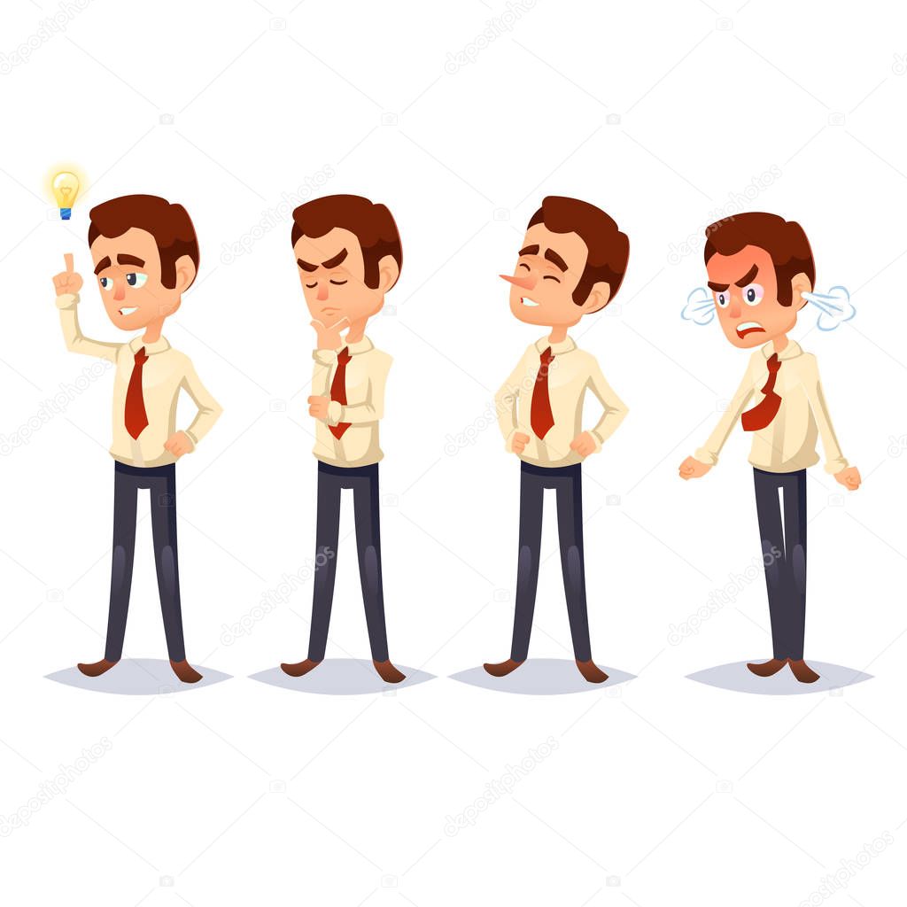 cartoon colorful vector illustration of a handsome young businessman in various poses Business man character design. Think, idea, proud, angry, worker boss manager