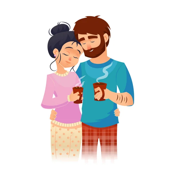 Paar verliefd drinken koffie in de ochtend. Jonge man en vrouw drinken koffie of thee. Romantische vectorillustratie. — Stockvector