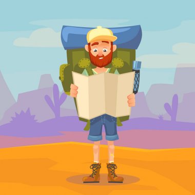 Sevimli turist erkek karakter bir harita tutarak. Bir dağ manzarası arka planda büyük sırt çantası adamla turist hiking. Vektör çizim karikatür tarzı