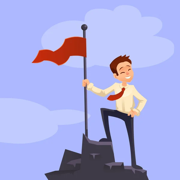 ΕΠΙΤΥΧΗΣ η αποστολή. Επιχειρηματίας που στέκεται με κόκκινη σημαία στην κορυφή του βουνού. Επίτευξη στόχων. Βάλει σημαία στην κορυφή του βουνού, σύμβολο της νίκης. Διάνυσμα στυλ επίπεδη. Απομονωμένη στο φόντο. Επιχειρηματική ιδέα. C — Διανυσματικό Αρχείο
