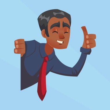 Mutlu işadamı köşe karikatür düz tasarım vektör çizim bakmak kadar başparmak ile erkek esmer