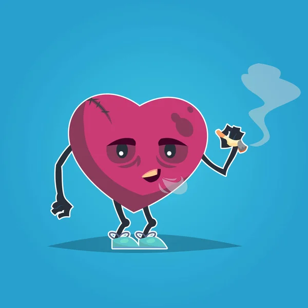 Triste enfermo enfermo corazón fumar cigarrillo. Vector de dibujos animados de estilo moderno diseño icono de la ilustración del personaje. concepto del corazón poco saludable . — Vector de stock